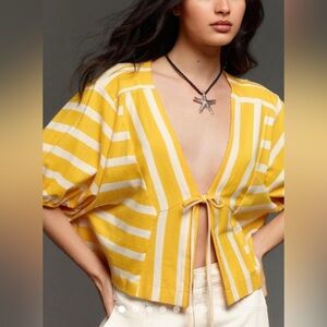 Anthropologie Front Tie Yellow And White Top Size Large New‎ With Taga